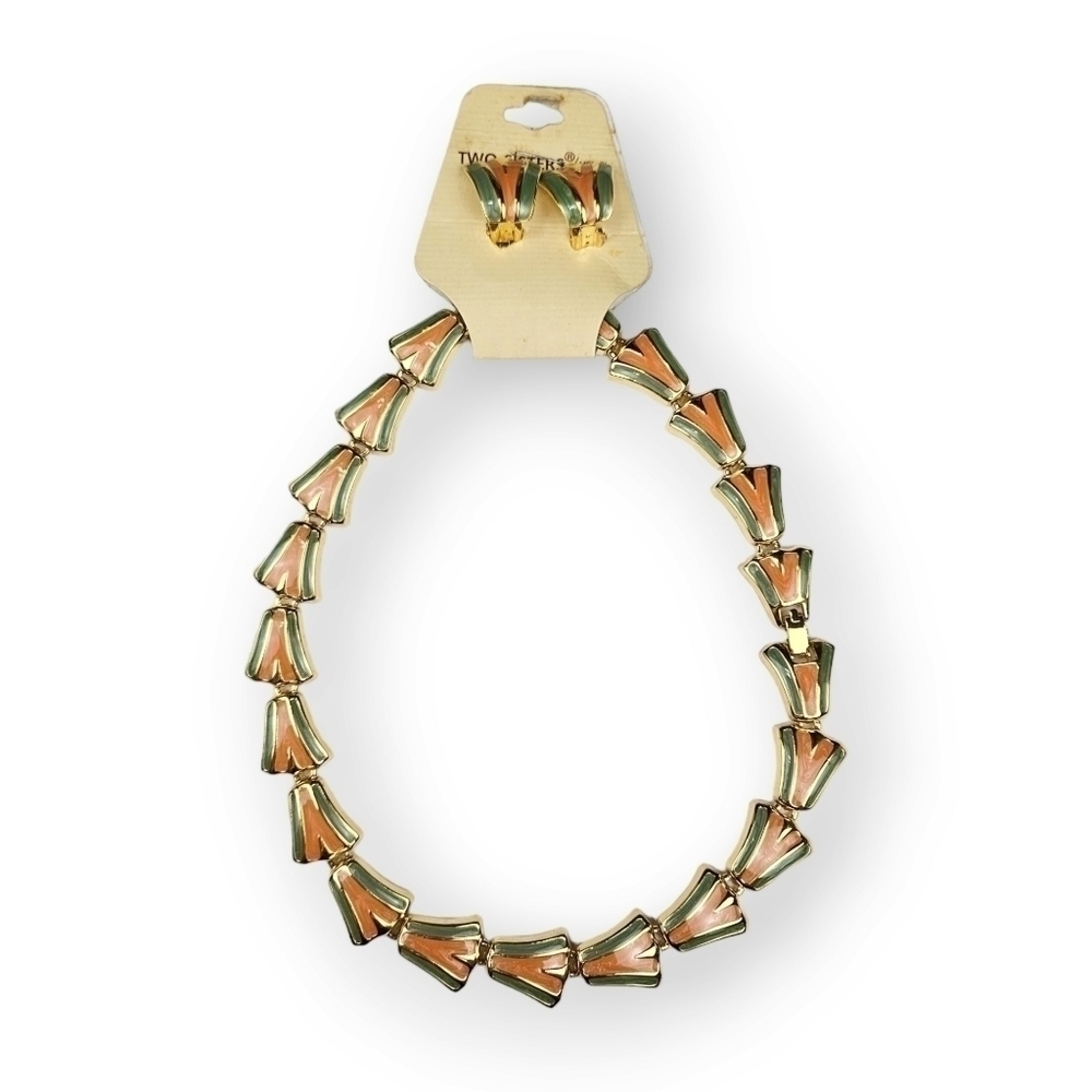 Vintage Enamel Chain Necklace Earrings Set 80s Orange Green Clip On Geometric